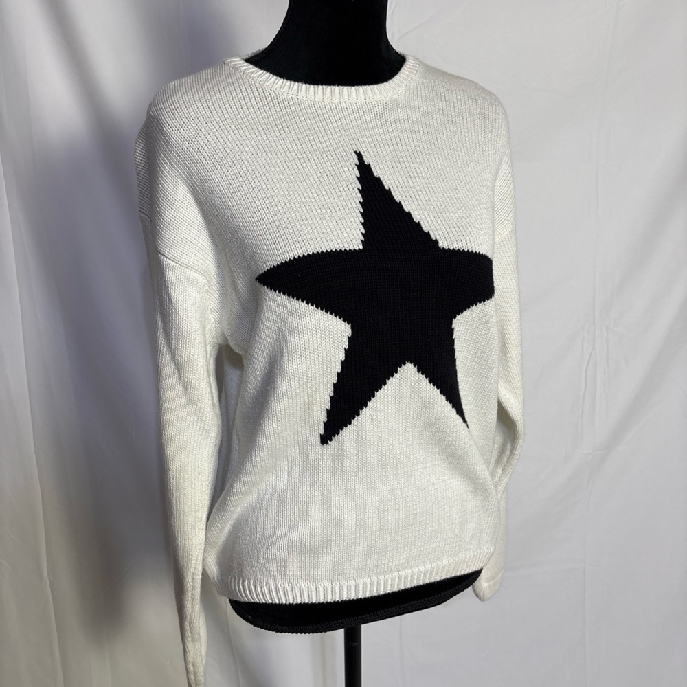 Charter Club Black and White Crew Neck Sweater with Star Design